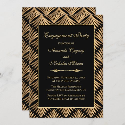 Retro Black Gold Art Deco Gatsby Engagement Party Invitation