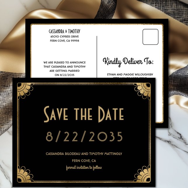 Retro Black Gold Art Deco Wedding Save the Date Postcard (Creator Uploaded)