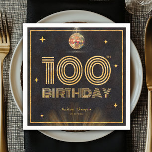 Retro Black Gold Disco Ball Party 100th Birthday Napkins
