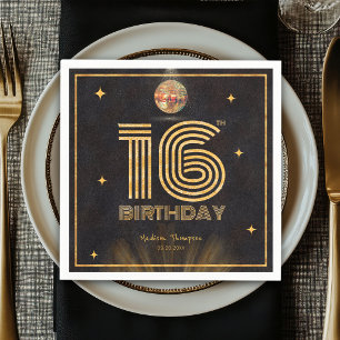 Retro Black Gold Disco Ball Party 16th Birthday Napkins