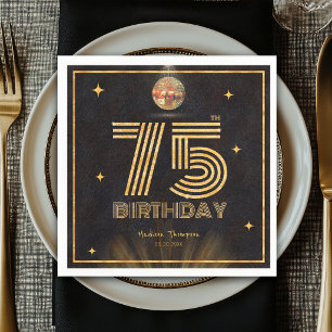 Retro Black Gold Disco Ball Party 75th Birthday Napkins