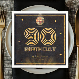 Retro Black Gold Disco Ball Party 90th Birthday Napkins