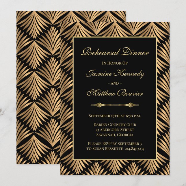 Retro Black Gold Gatsby Wedding Rehearsal Dinner Invitation (Front/Back)