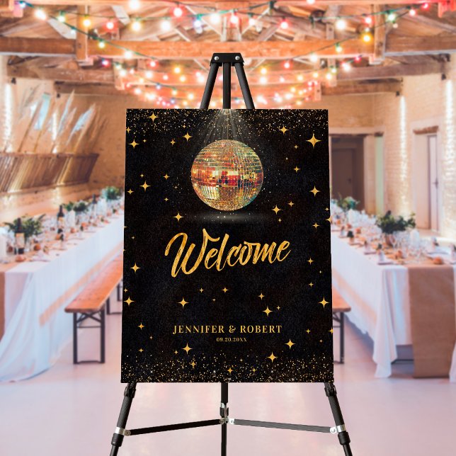 Retro Black Gold Glitter Disco Wedding Welcome Foam Board (Creator Uploaded)