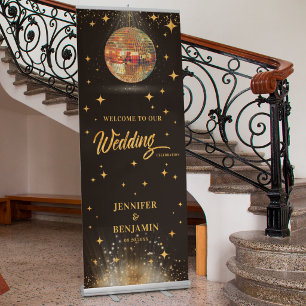 Retro Black Gold Glitter Disco Wedding Welcome Retractable Banner