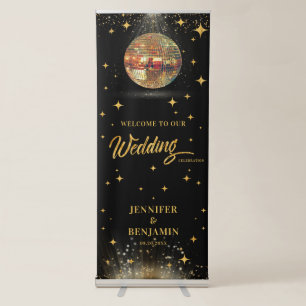 Retro Black Gold Glitter Disco Wedding Welcome Retractable Banner