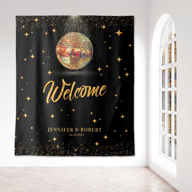 Retro Black Gold Glitter Disco Wedding Welcome Tapestry (Creator Uploaded)