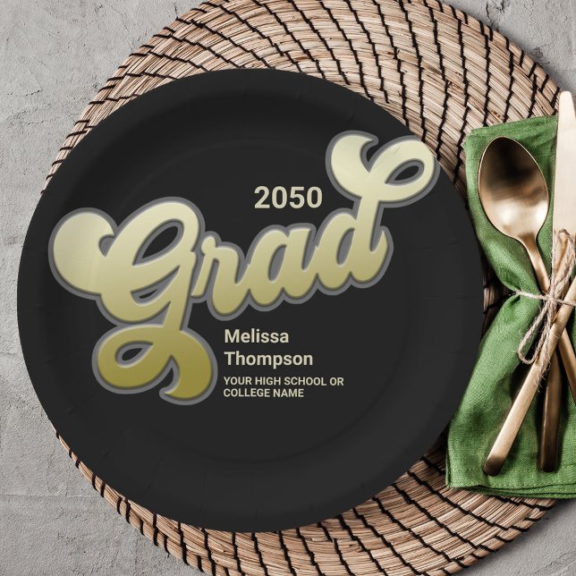 Retro Black Gold Graduation Party Plates (Graduate gold and black custom paper plate.)
