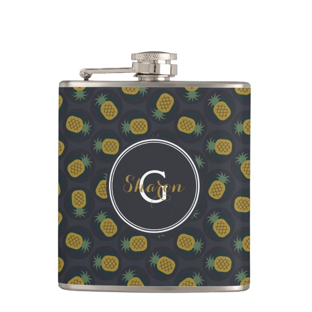 Retro black gold pineapple patterns monogram hip flask (Front)