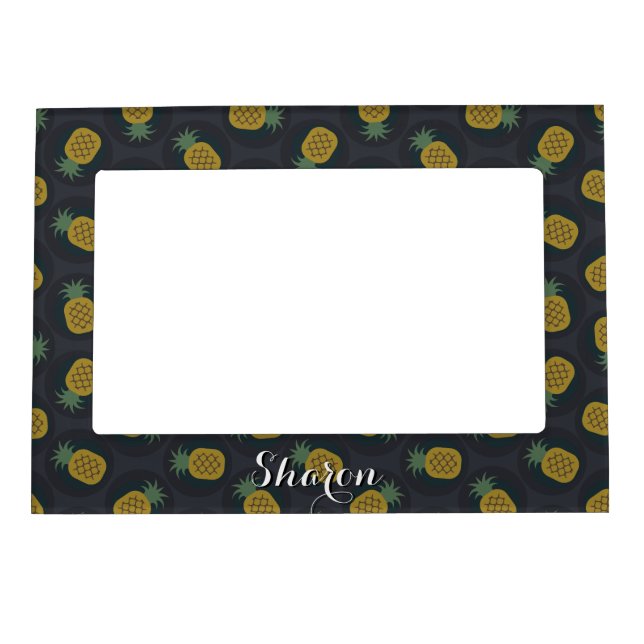 Retro black gold pineapple patterns monogram magnetic picture frame (Front)