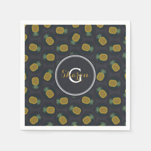 Retro black gold pineapple patterns monogram paper napkins