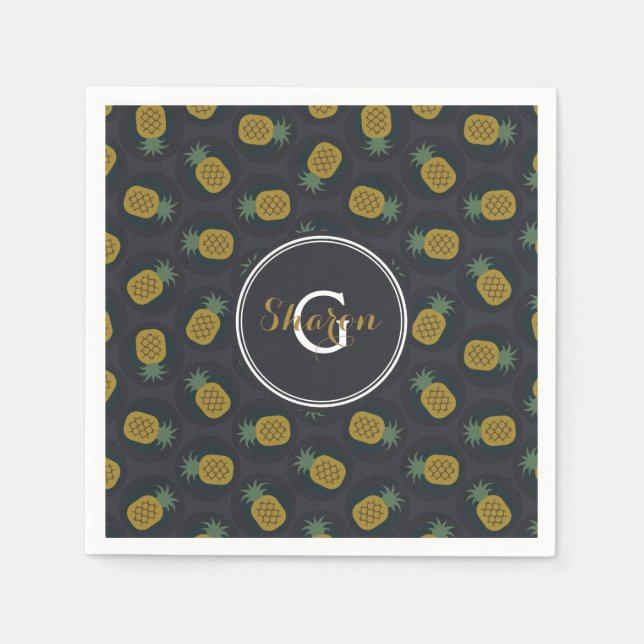 Retro black gold pineapple patterns monogram paper napkins (Front)