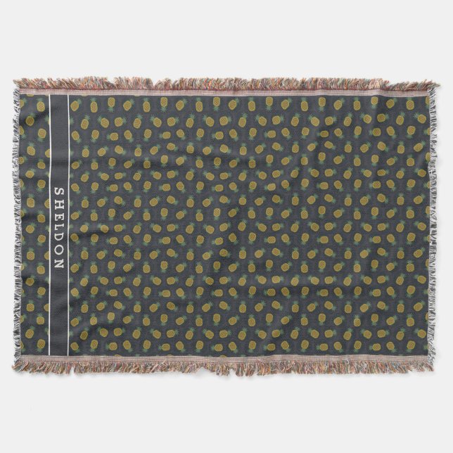 Retro black gold pineapple patterns monogram throw blanket (Front)