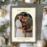 Retro Black Gold Plaid Arch Photo Merry Christmas Holiday Card<br><div class="desc">Retro Black and Gold Plaid Arch Photo Merry Christmas Holiday Card. Celebrate the season in style with this elegant plaid photo Christmas card featuring a black and faux gold gingham border and a modern arch-shaped photo frame. Personalize it with your favorite family photo, with template texts „Merry Christmas”, family name,...</div>