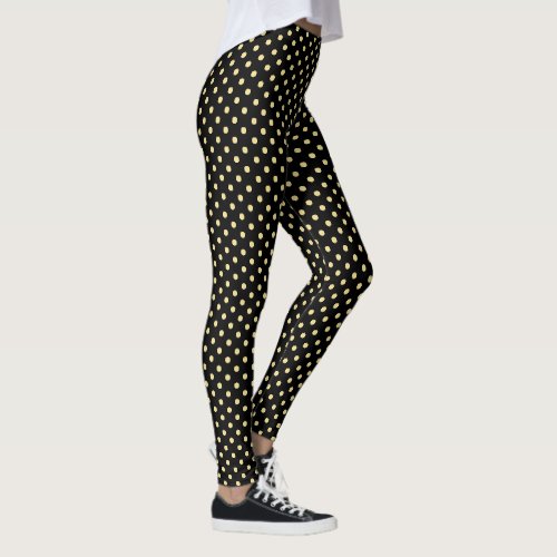 Retro Black Gold Small Polka Dots Pattern Fashion Leggings