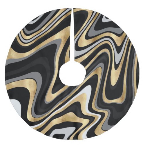 Retro Black Gold Wavy Lines Modern Design Brushed Polyester Tree Skirt