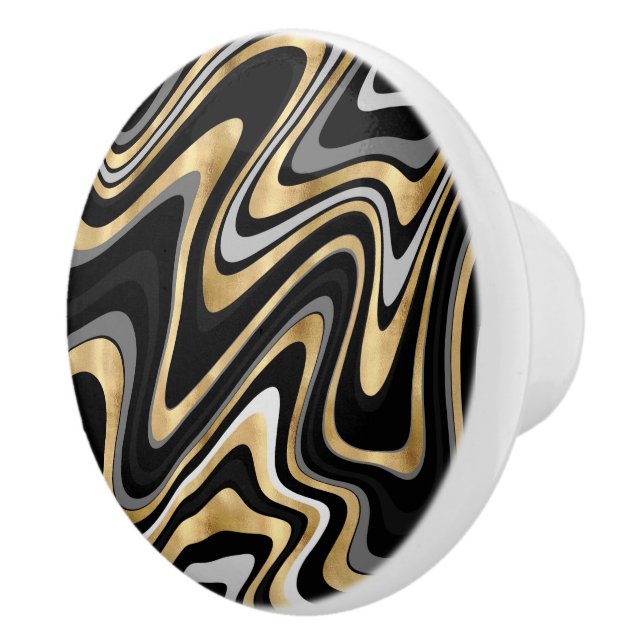 Retro Black Gold Wavy Lines Modern Design Ceramic Knob (Right)