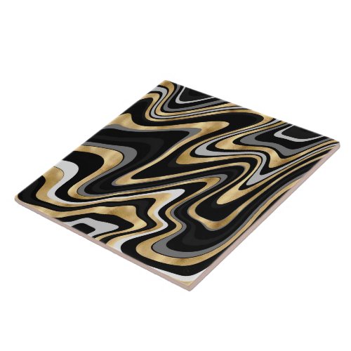 Retro Black Gold Wavy Lines Modern Design Ceramic Tile