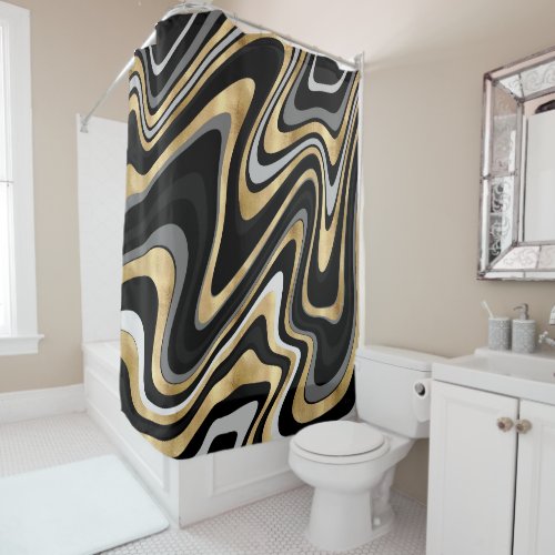 Retro Black Gold Wavy Lines Modern Design Shower Curtain