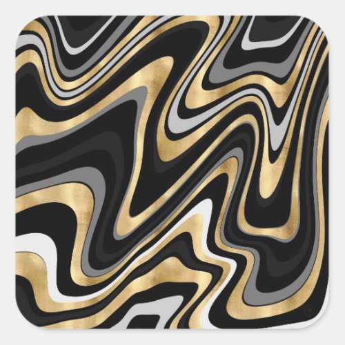 Retro Black Gold Wavy Lines Modern Design Square Sticker
