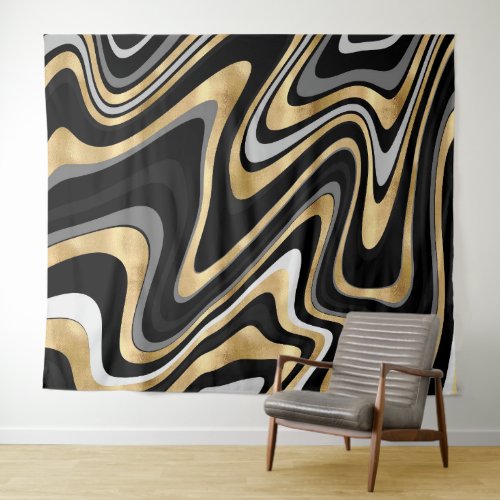 Retro Black Gold Wavy Lines Modern Design Tapestry