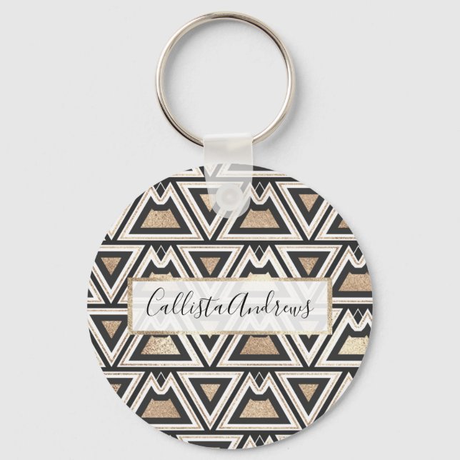 Retro Black Gold White Triangle Geometric Keychain (Front)