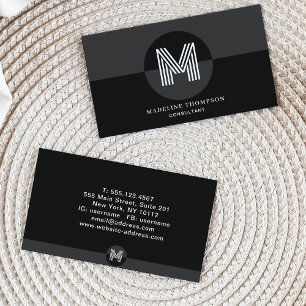 Retro Black Gray White Geometric Modern Monogram Business Card