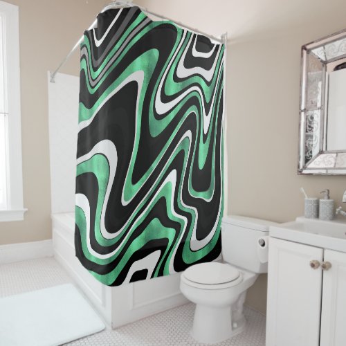 Retro Black Green Wavy Lines Modern Design Shower Curtain