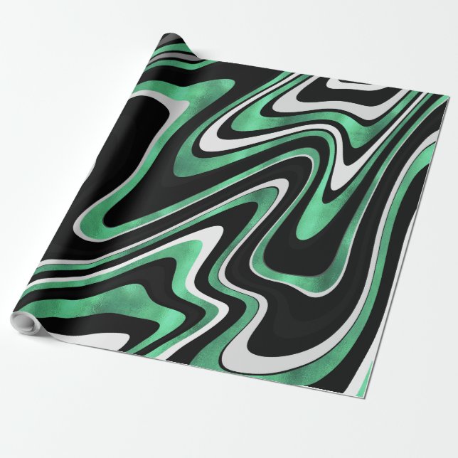 Retro Black Green Wavy Lines Modern Design Wrapping Paper (Unrolled)