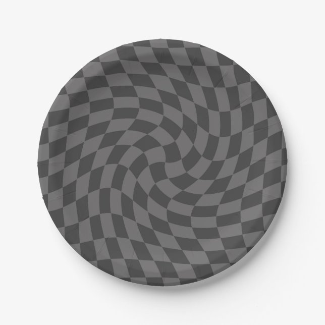 Retro Black Grey Checks Warped Checkerboard  Paper Plates (Front)