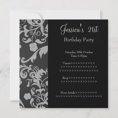 Retro Black Grey Metallic Floral 21st Birthday 3 Announcement