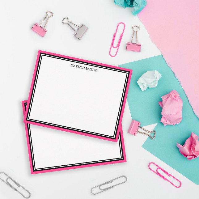 Retro Black Hot Pink Borders Add Your Name Note Card (Creator Uploaded)