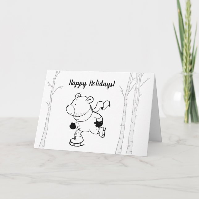 Retro black ink skating bear birch trees holiday card (Front)