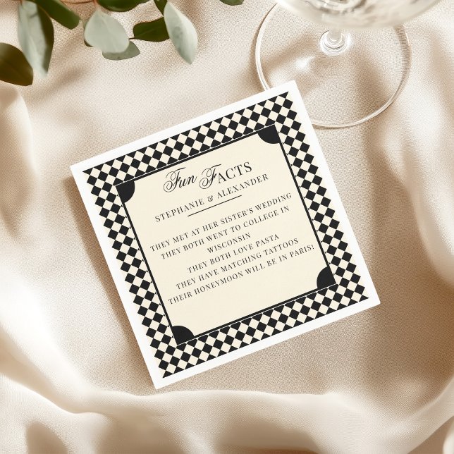 Retro Black & Ivory Fun Facts Old Money Wedding Napkins (Creator Uploaded)