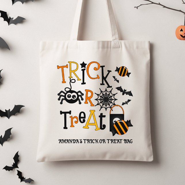 Retro Black Kids Halloween Trick Or Treat Tote (Halloween Trick or Treat Tote Bag, Personalized Kids Trick Or Treat Tote, Spider Candy Trick Treat)