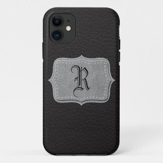 Retro Black Leather Personalized Monogram iPhone 11 Case