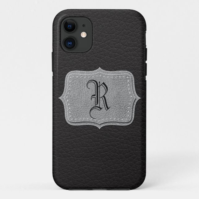 Retro Black Leather Personalized Monogram Case-Mate iPhone Case (Back)