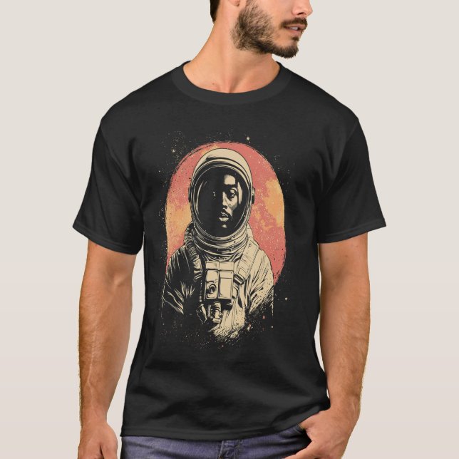Retro Black Man Astronaut Exploring Outer Space Su T-Shirt (Front)