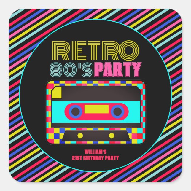 Retro Black Neon Cassette Tape 80s Birthday Party Square Sticker (Front)