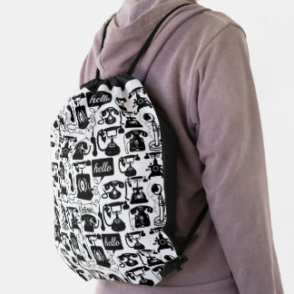 Retro Black or any color & White Telephone Pattern Drawstring Bag