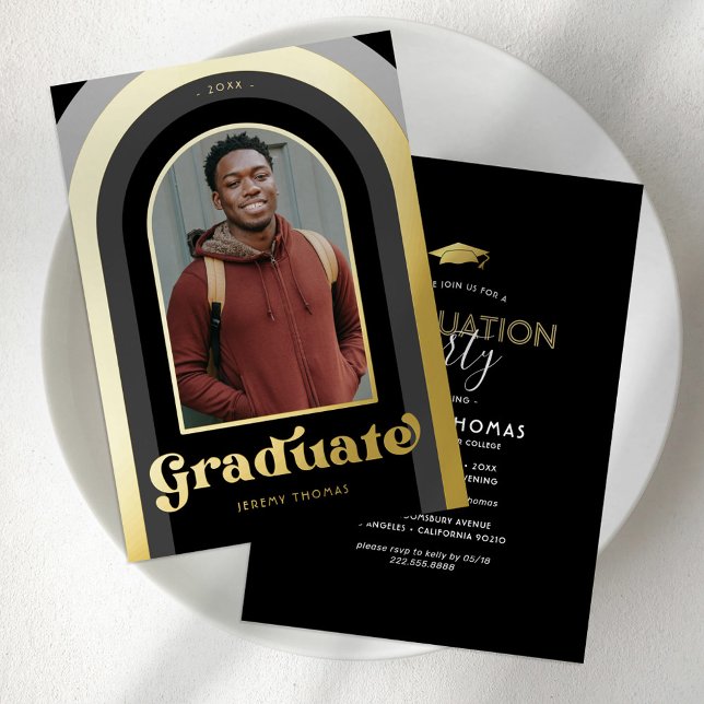 Retro Black Photo Graduation Party Gold Foil Invitation (Creator Uploaded)