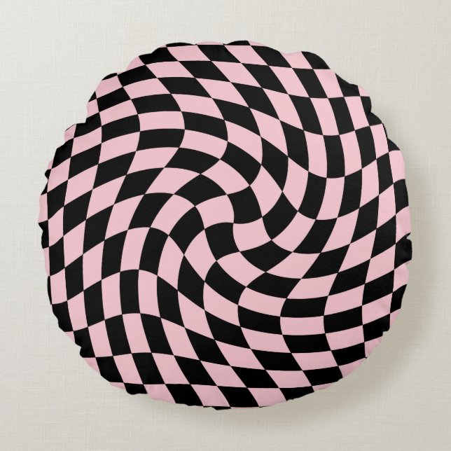 Retro Black Pink Checks Warped Checkered Dorm   Round Pillow (Front)