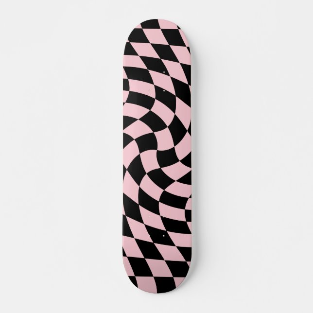 Retro Black Pink Checks Warped Checkered  Skateboard (Front)
