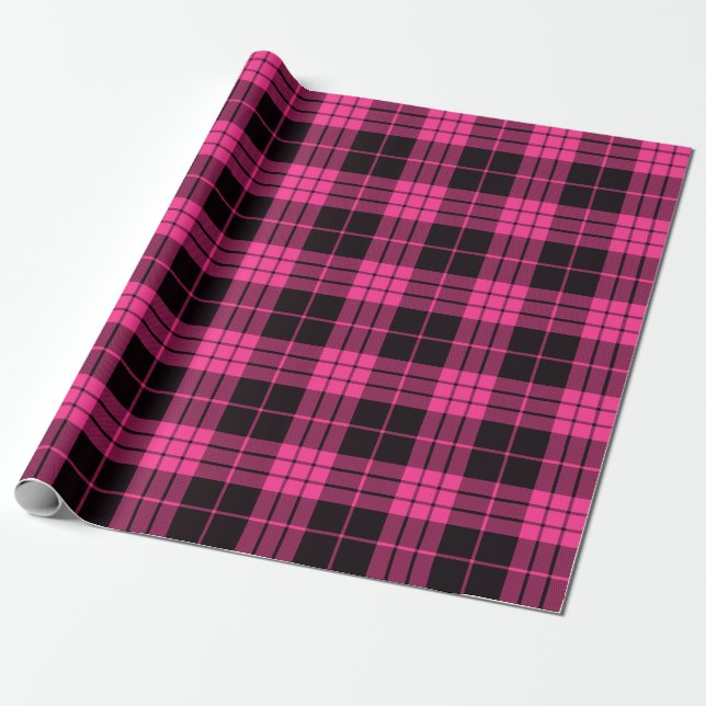 Retro Black Pink Christmas New Year Tartan Plaid Wrapping Paper (Unrolled)