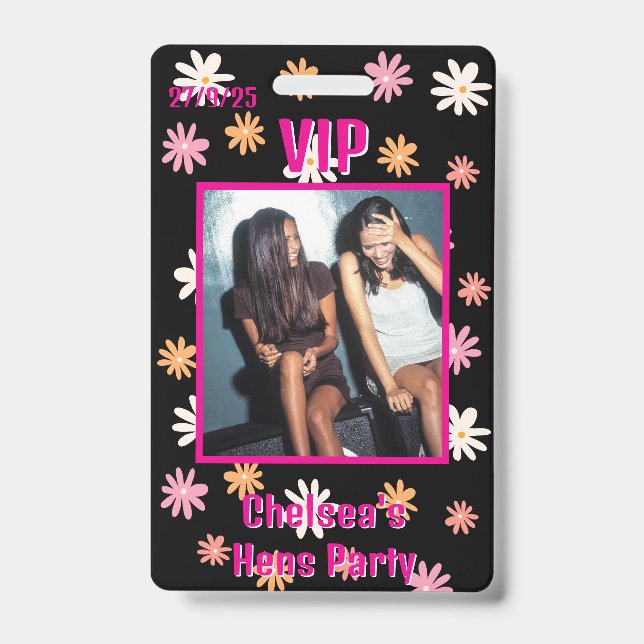 Retro Black & Pink Daisy Hen Party VIP Pass Badge (Front)