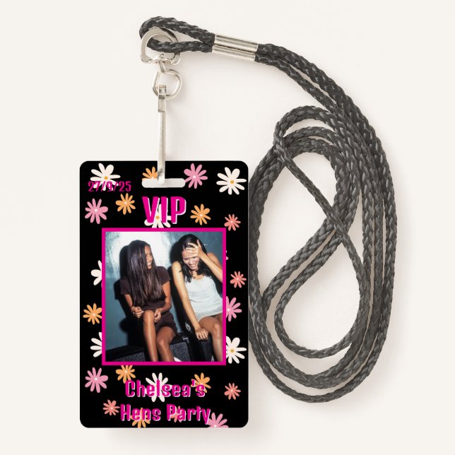 Retro Black & Pink Daisy Hen Party VIP Pass Badge (Front with Lanyard)