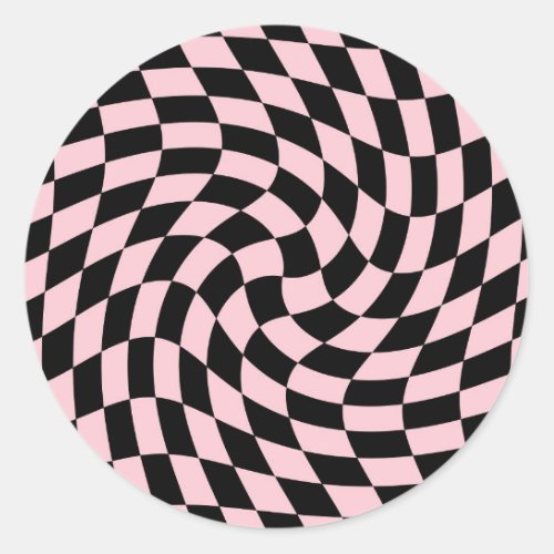 Retro Black Pink Pastel Warped Checks Checkered   Classic Round Sticker