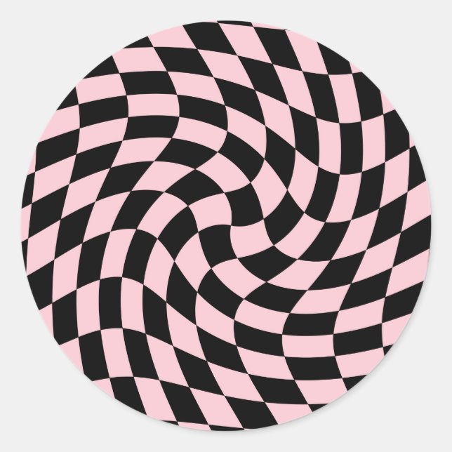 Retro Black Pink Pastel Warped Checks Checkered   Classic Round Sticker (Front)