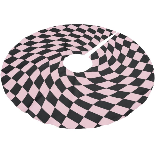 Retro Black Pink Warped Checks Checkered Dorm    Brushed Polyester Tree Skirt (Angled)