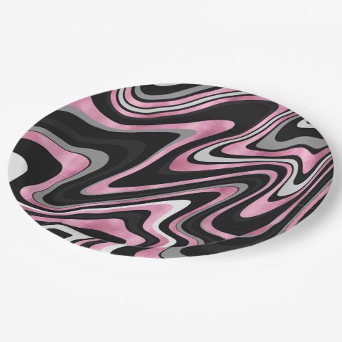 Retro Black Pink Wavy Lines Modern Design Paper Plates